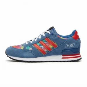Adidas ZX 750 blue sneakers with red stripes and multicolor accents
